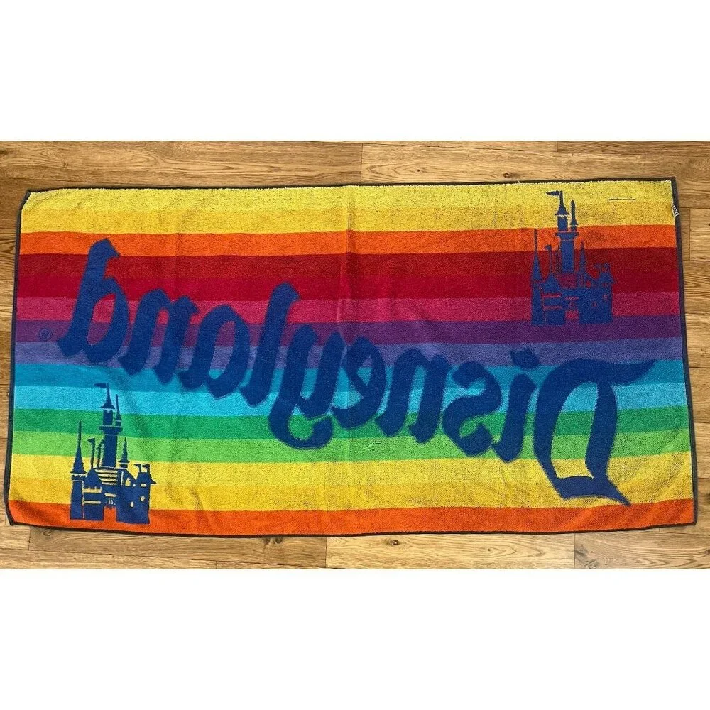 Vintage Walt Disney Productions Disneyland Beach Towel Cotton Rainbow 26x51